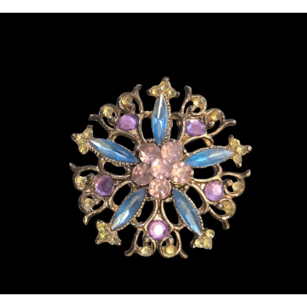 Vintage Gold Tone Rhinestone Floral Brooch Pin With Multicolor‎ Crystals